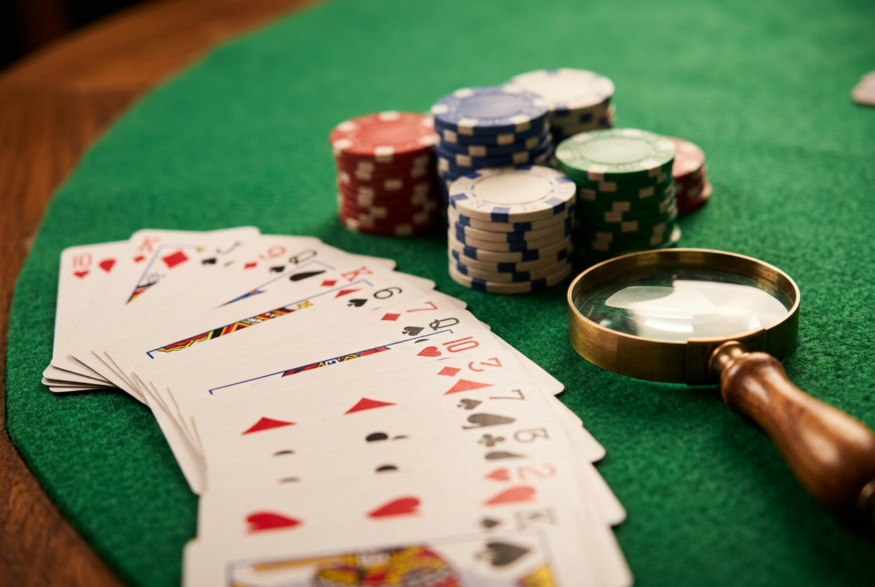 Detailní pohled na balíček karet a naskládané pokerové žetony na zeleném plátně s lupou naznačující analýzu