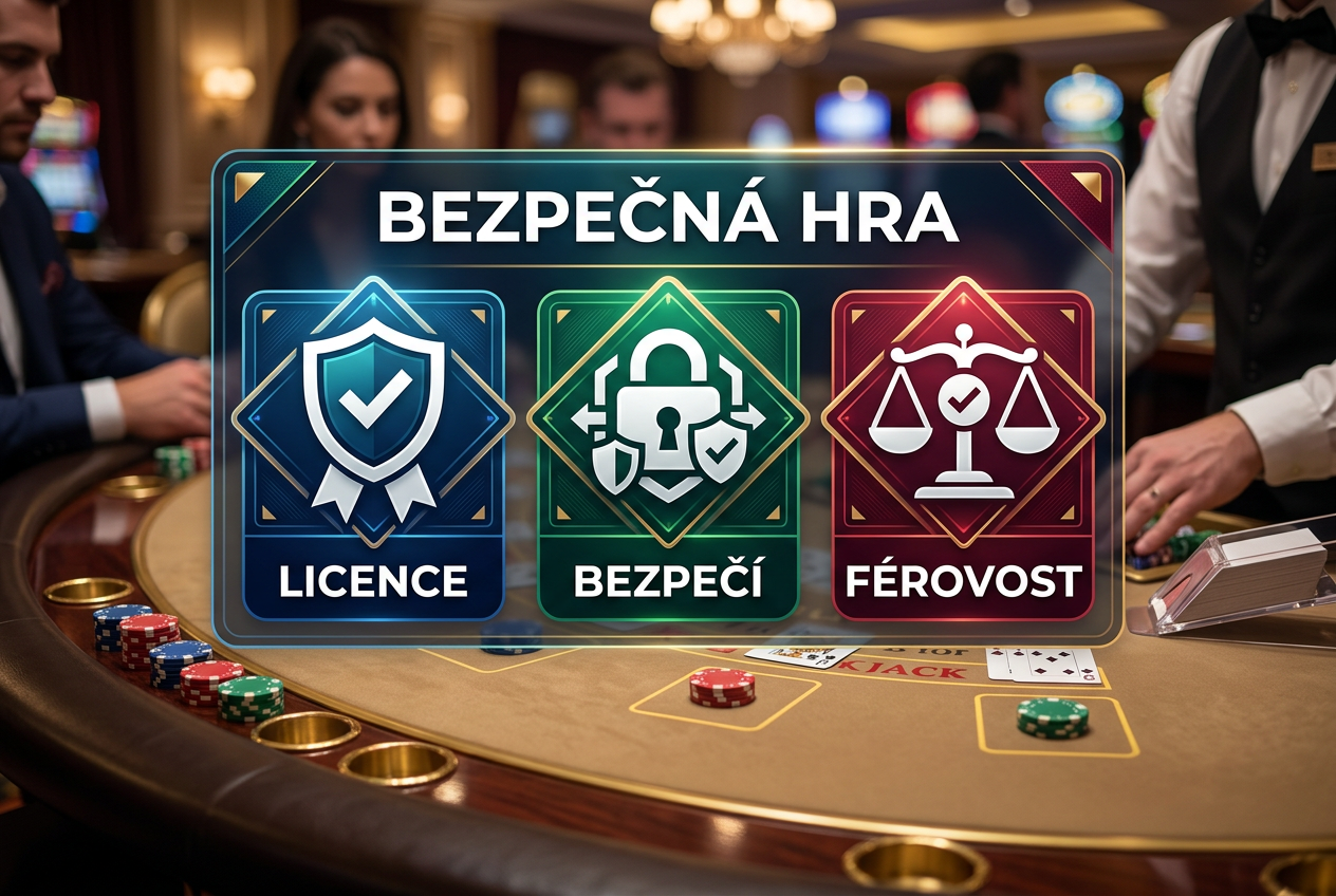 Detailní grafika s checklistem bezpečnostních prvků na pozadí herního stolu s kartami