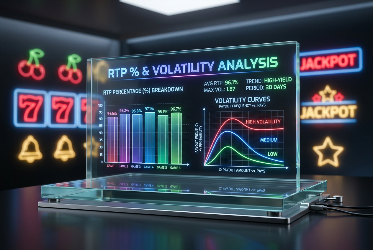 Abstract 3D visualization of slot machine symbols and percentage charts.