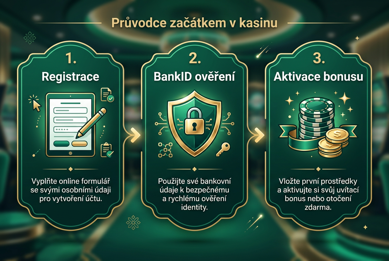 Infografika procesu získání free spinů přes BankID s českými popisky