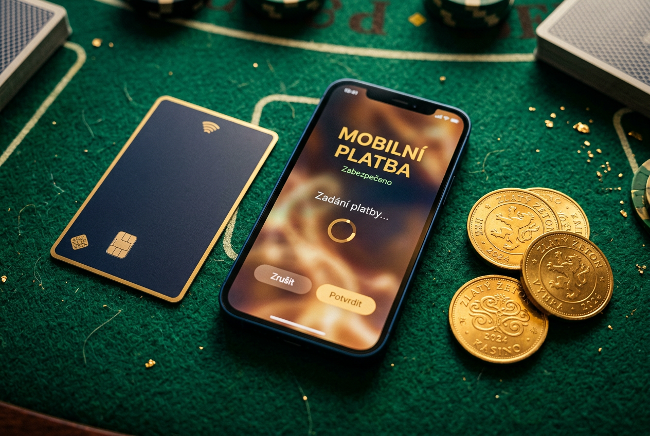 Plochý záběr na smartphone, neoznačenou platební kartu a several mincí na zeleném plstěném povrchu