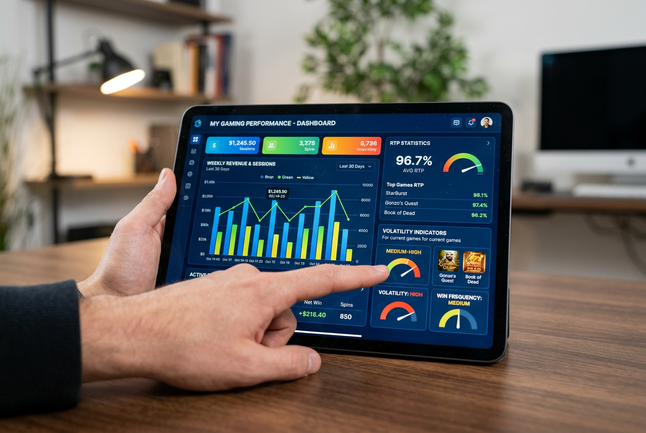 A digital dashboard showing slot game statistics and a high-tech gaming strategy interface.