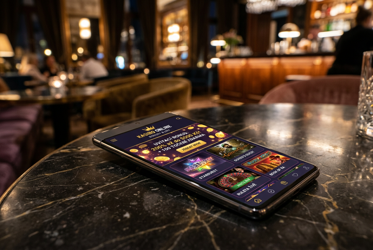 A modern smartphone showing high-end online casino bonus offers and colorful slot game interfaces.